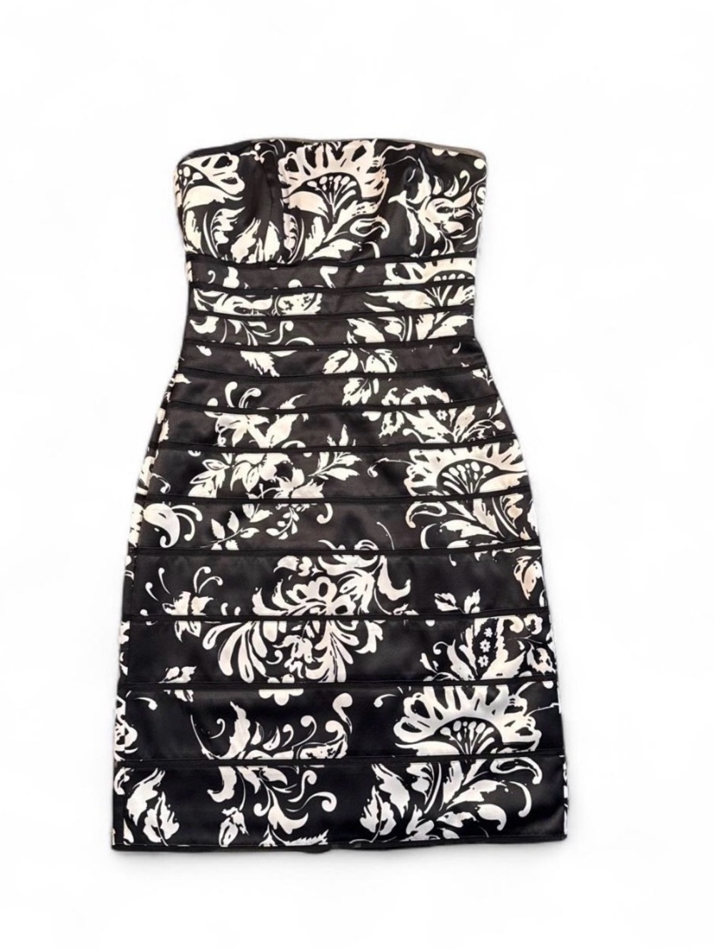 White House Black Market Strapless Black & White Floral Ruched Mini Dress SZ 00
